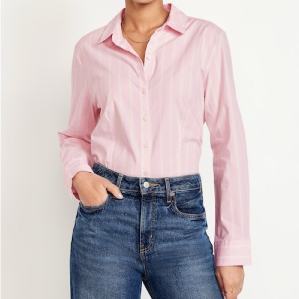 old navy pink and white striped slim button down shirt